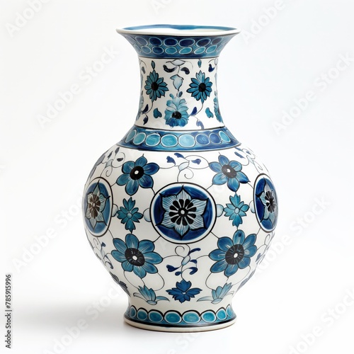 Traditional blue and white vase with intricate floral patterns against a clean background.