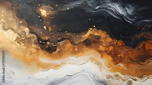 Luxury black and gold abstract liquid painting. Marble texture. Paint splash. photo