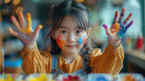 Little Chinese girl showing brightly painted palms  colorful paint on hands  art studio Background. Generative AI.