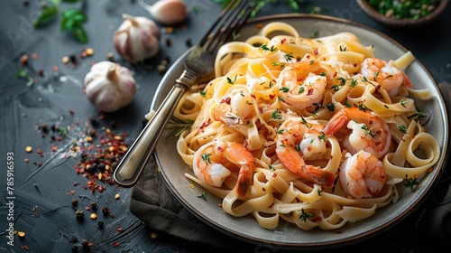 Italian pasta with shrimps and creamy sauce, with fresh thyme herb, overhead shot with copy space on a dark background. Generative AI.