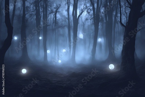 Ghostly orbs floating in a haunted forest at night. 