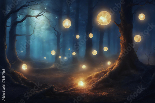 Ghostly orbs floating in a haunted forest at night.