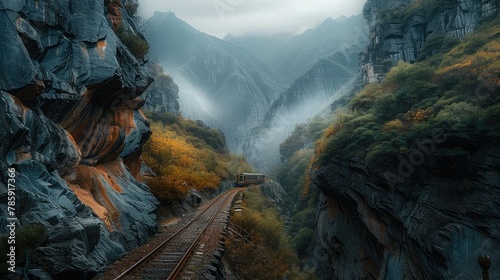 A train journey through the mountain core  the track hugging the edge of a vast chasm  The raw power of nature of engineering coexisting. Generative AI.