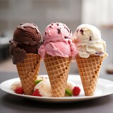 Various gelato ice cream flavours scoops in waffle cones, cinematic food dessert photography 