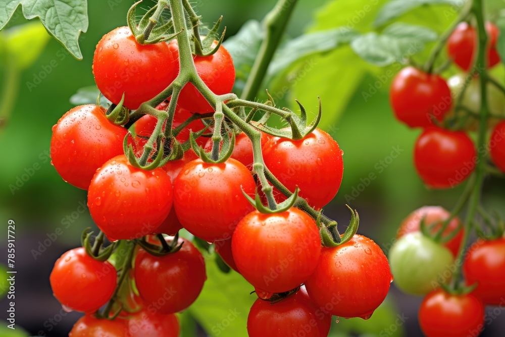 Cherry Tomatoes: Cherry tomatoes growing in clusters.