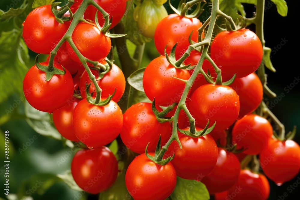 Cherry Tomatoes: Cherry tomatoes growing in clusters.