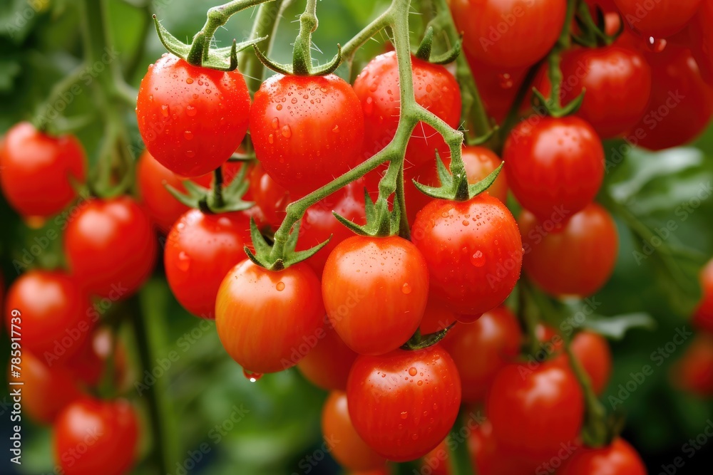 Cherry Tomatoes: Cherry tomatoes growing in clusters.