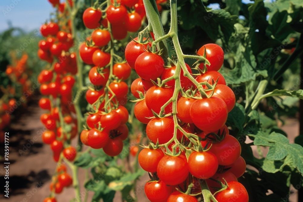 Cherry Tomatoes: Cherry tomatoes growing in clusters.