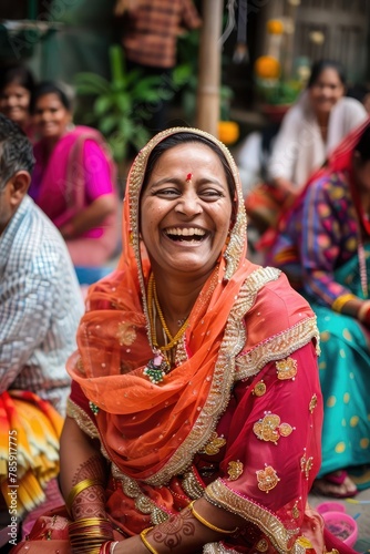 In the hotel courtyard, a South Asian woman attends a garden party, her vibrant attire and infectious laughter adding to the festive atmosphere of the occasion