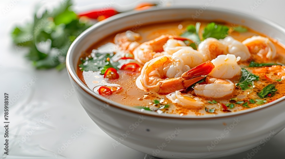 Close-up of a bowl of Tom Yum soup with its vibrant broth and seafood ingredients, against a stark white background.