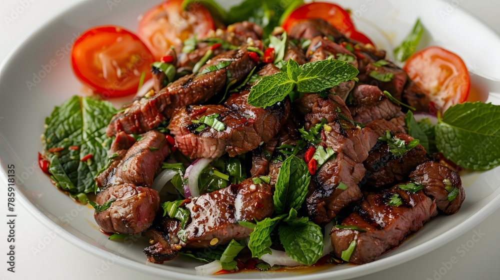 Close-up of Thai-style grilled beef salad with mint, shot against a clean, white background to emphasize freshness. 