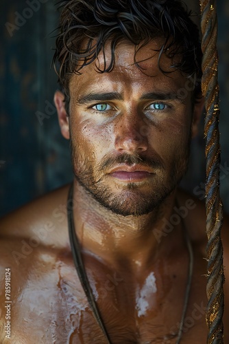 Portrait of a handsome young man with wet skin and wet hair