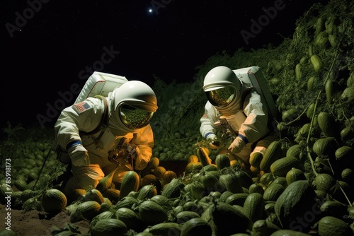 Zucchini Harvest  Astronauts gathering zucchinis from the vines.