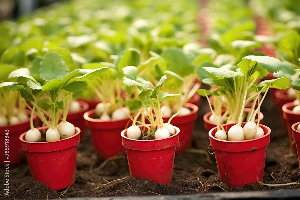 Radish Rows: Neat rows of radishes growing in containers.