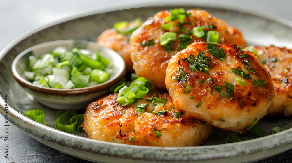 Traditional Thai fish cakes on a simple ceramic plate with cucumber relish, shot against a clean, light background. Traditional Thai fish cakes on a simple ceramic plate with cucumber relish, shot against a clean, light background.