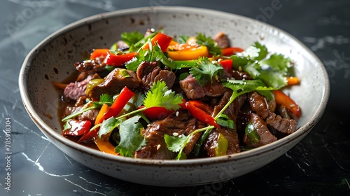 Artful presentation of a Thai beef stir-fry with oyster sauce, focused on a simple white dish.
