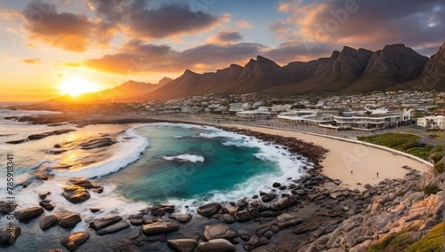 Panoramic aerial view of Maiden’s Cove Tidal Pool at dramatic sunset with Camps Bay in background, Cape Town, South Africa.
 photo
