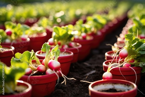 Radish Rows: Neat rows of radishes growing in containers.