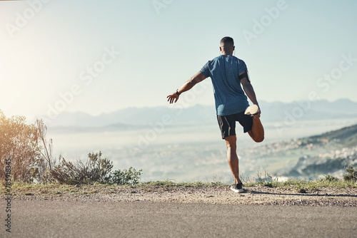 Fotografie Black man, stretching and outdoor for exercise, running and fitness with nature for upcoming athletic competition