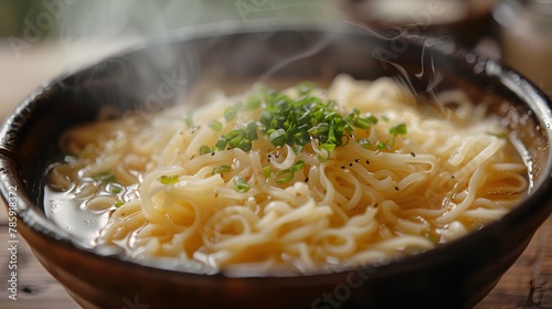 Steaming bowl of Thai noodle soup (Kuay Tiew), focused closely to show the texture of broth and noodles. photo