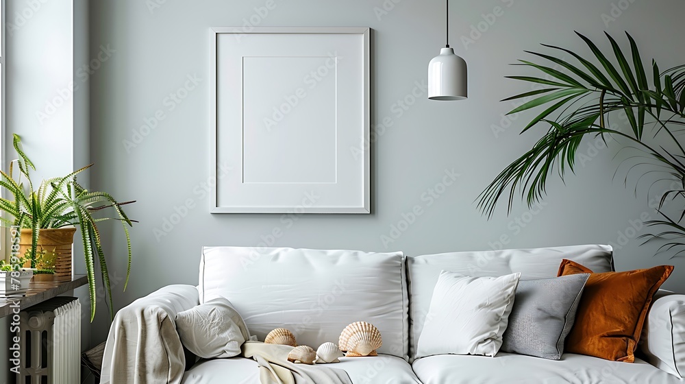 A minimalist coastal lounge area with an empty white frame on a light blue wall, white modern furniture, and elegant seashell decorations. - obrazy, fototapety, plakaty 
