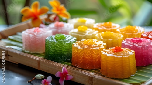 Macro shot of Thai desserts, colorful sticky rice cakes on a bamboo tray, focused with a pale background.