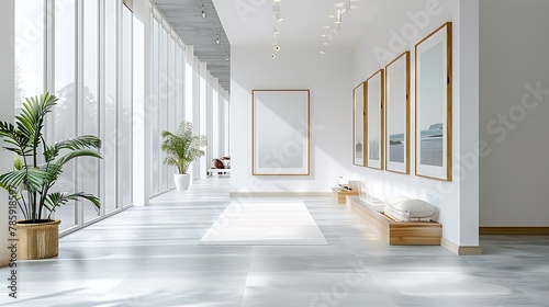 A minimalist design corridor in a modern house  displaying a series of empty white frames in a precise symmetrical order on a white wall.