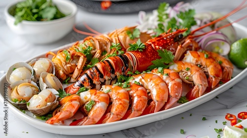 Elegant Thai seafood platter, with lobster and scallops, presented on a white platter against a neutral background. 