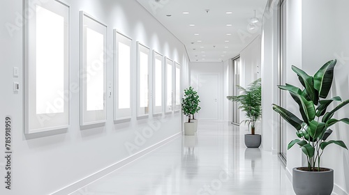 A narrow, elongated hallway in a modern home, featuring multiple empty white frames arranged symmetrically on a pristine white wall.