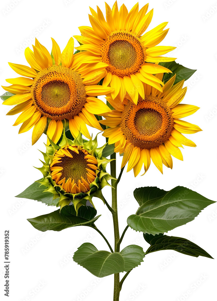 Fototapeta premium Bouquet of sunflower flower floral stalk plant with leaf leaves isolated cutout on transparent background.