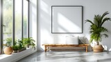 An airy and light-filled corner in a modern home designed for meditation, with an empty white frame set against a white wall, a handcrafted wooden bench.