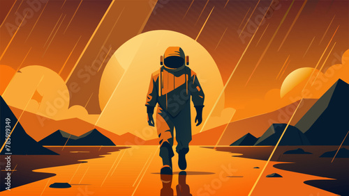 In the distance the silhouette of a lone figure braves the elements on Venus. They walk through the acidic rain their suit providing a barrier
