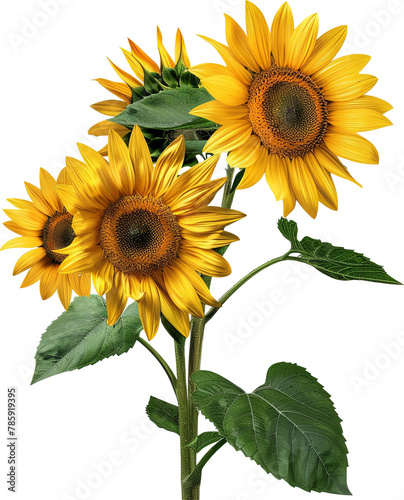 Bouquet of sunflower flower floral stalk plant with leaf leaves isolated cutout on transparent background. © CassiOpeiaZz