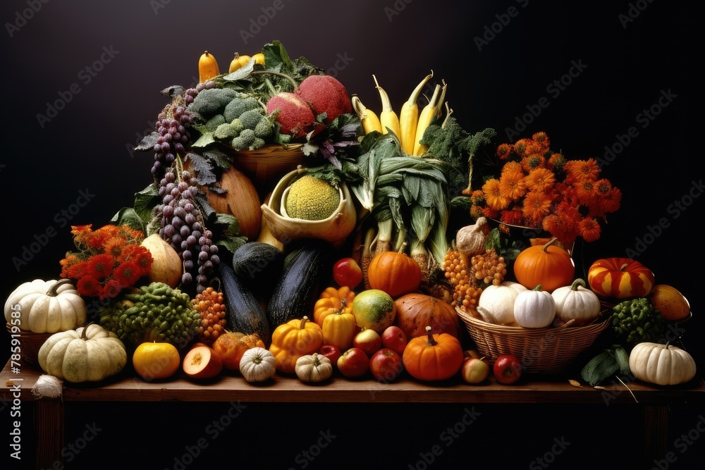 Harvested Bounty Display: An artistic arrangement of harvested fruits and vegetables.