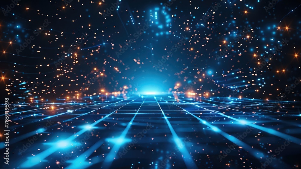 Blue background, futuristic technology grid lines, blue glow in the center of space, dark sky, depth of field, 3D rendering, light effects. Generative AI. Blue background, futuristic technology grid lines, blue glow in the center of space, dark sky, depth of field, 3D rendering, light effects. Generative AI.