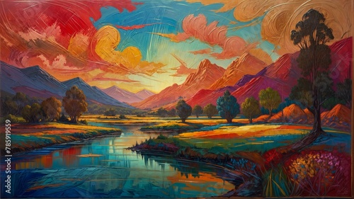 A mesmerizing painting featuring a flowing river with majestic mountains in the background creating a peaceful and harmonious scene