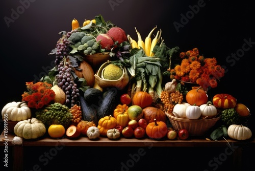 Harvested Bounty Display  An artistic arrangement of harvested fruits and vegetables.