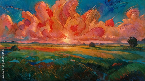 A vibrant painting capturing the serene beauty of a sunset over a vast field, with warm colors illuminating the sky