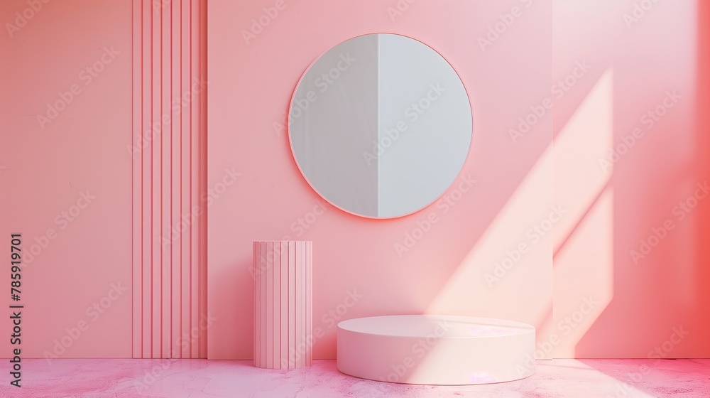 A pink room with a white mirror and a white pedestal A pink room with a white mirror and a white pedestal