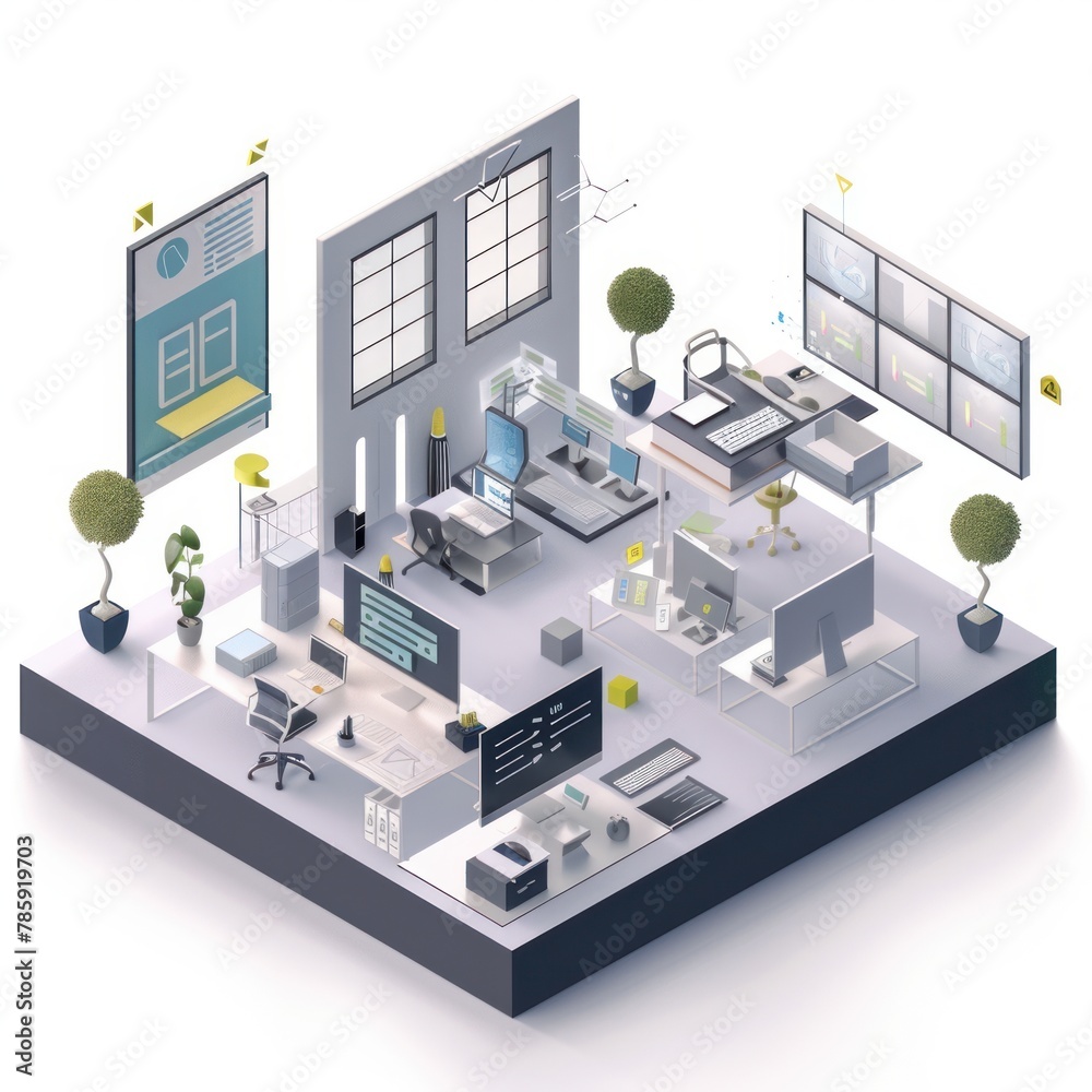 Obraz premium 3D Render of a detailed isometric vector illustration portraying the interior of an office building with distinct departments such as HR, accounting, and marketing, Generative AI