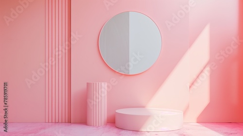 A pink room with a white mirror and a white pedestal