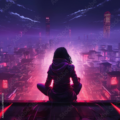 A Teen Girl Sitting on the Edge of a Building Rooftop Looking at a Pink and Purple City at Night