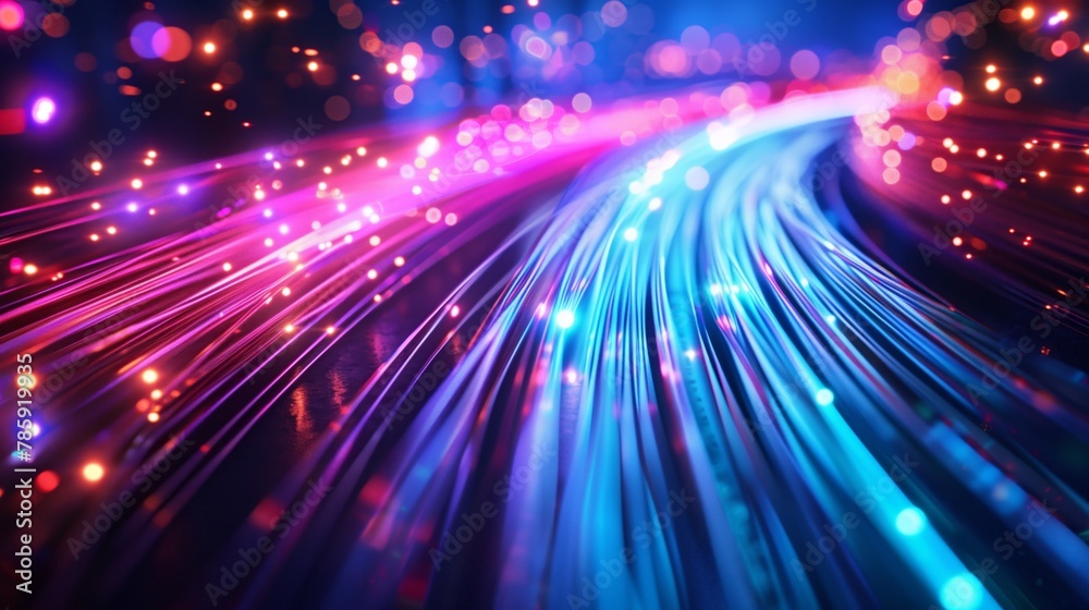A colorful, abstract image of a lighted road with a blue line