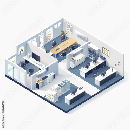 3D Render of a minimalist isometric vector illustration showcasing the interior layout of an office building with departmental areas such as marketing, finance, and human resources, Generative AI