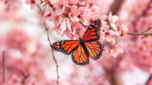 A butterfly is resting on a pink flower © CuratedAIMasterpiece
