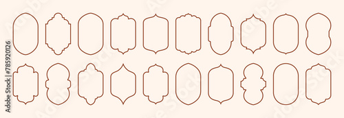 Ramadan Islam Frames Set. Vector Indian Shapes Elements. Arabic Arch, Door and Windows In Minimal Outline Style for Labels, Logo, Banner Templates.