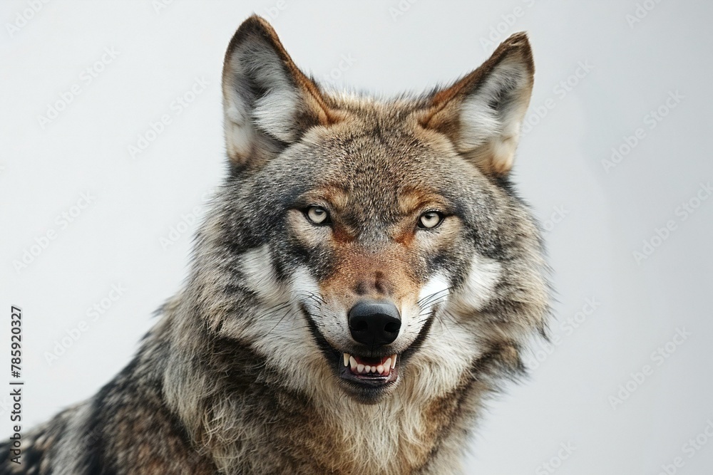 Portrait of a wolf on a white background, close-up