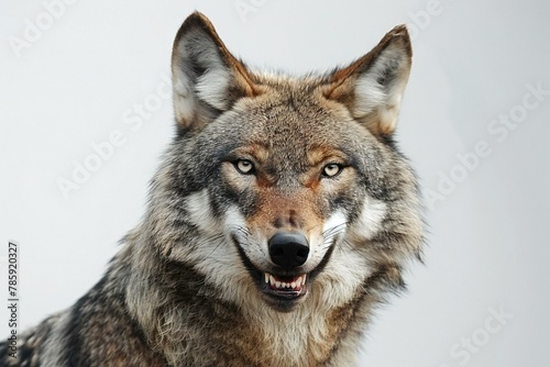 Portrait of a wolf on a white background, close-up