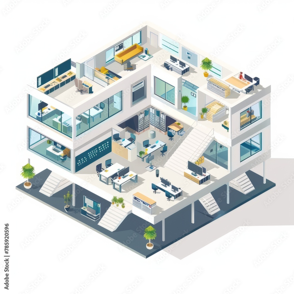 3D Render of an isometric vector illustration displaying the interior architecture of an office space, highlighting the various department, Generative AI