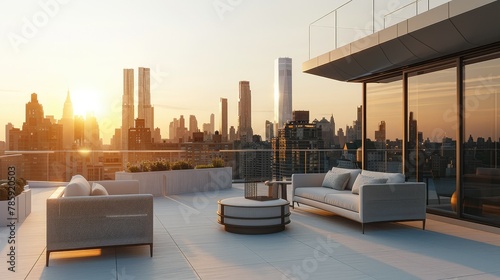Wallpaper Mural An elegant, minimalist rooftop apartment terrace with clean lines and modern furnishings, set against a high-rise city skyline. The atmosphere is calm and refined. Generative AI. Torontodigital.ca